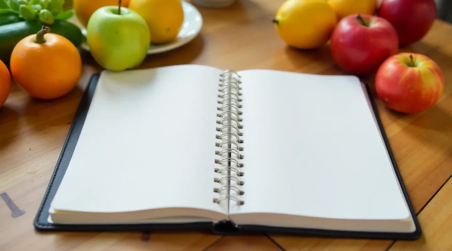 Fructe proaspete pe masă lângă un jurnal alimentar deschis