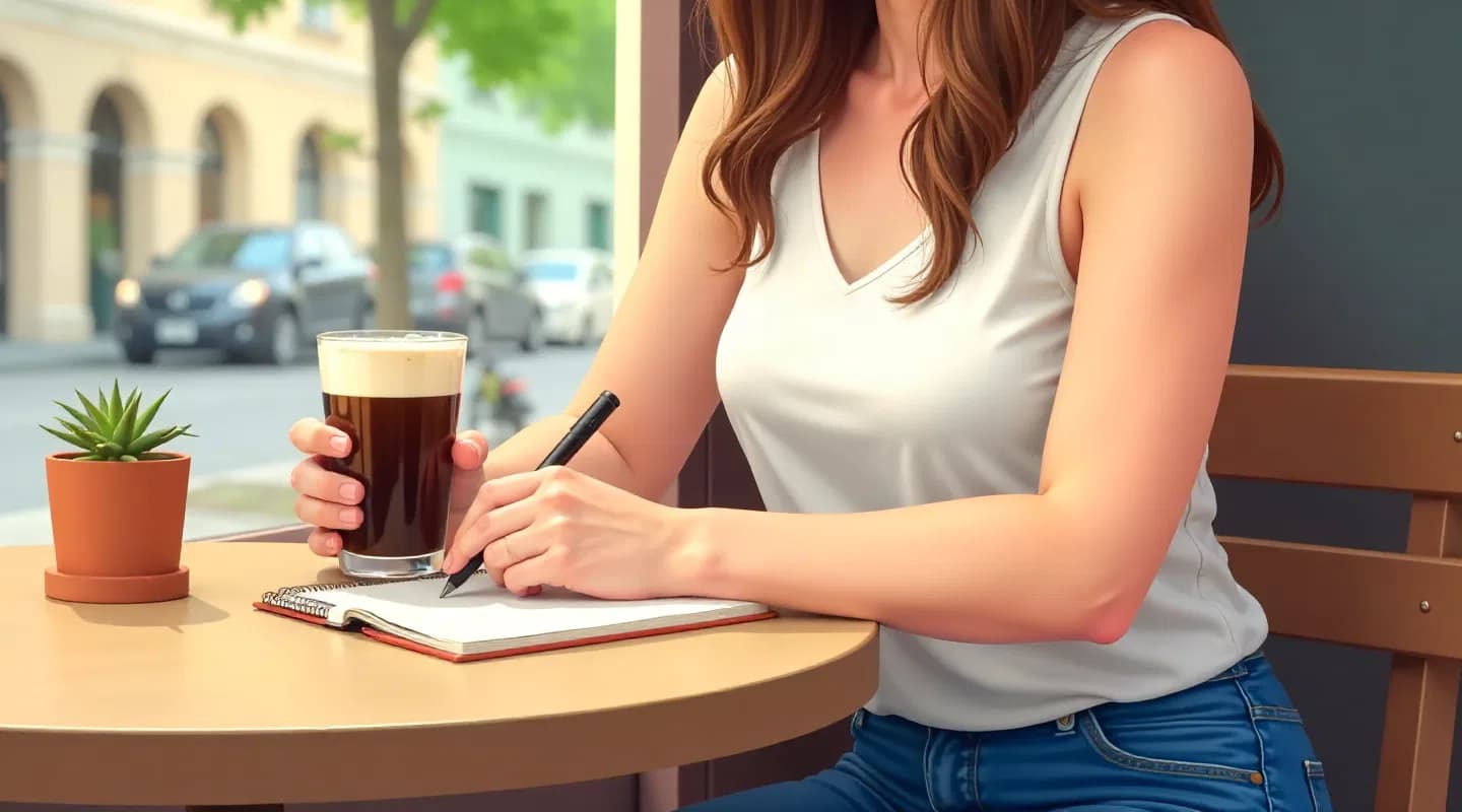 Persoană care notează într-un carnet lângă o ceașcă de cappuccino